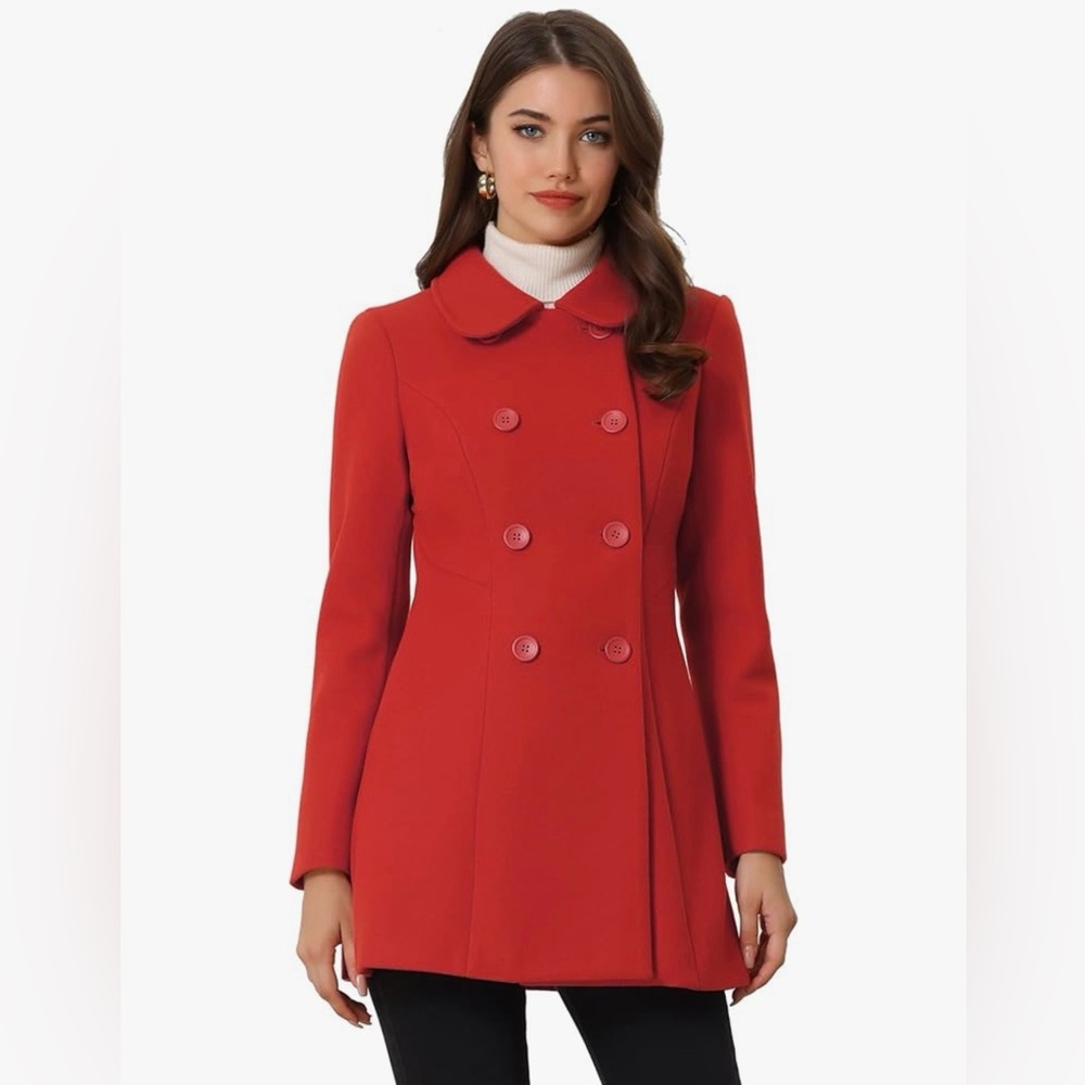 NWT- Allegra K Peter Pan Collar Double Breasted Winter Long Trench Pea- Size LG